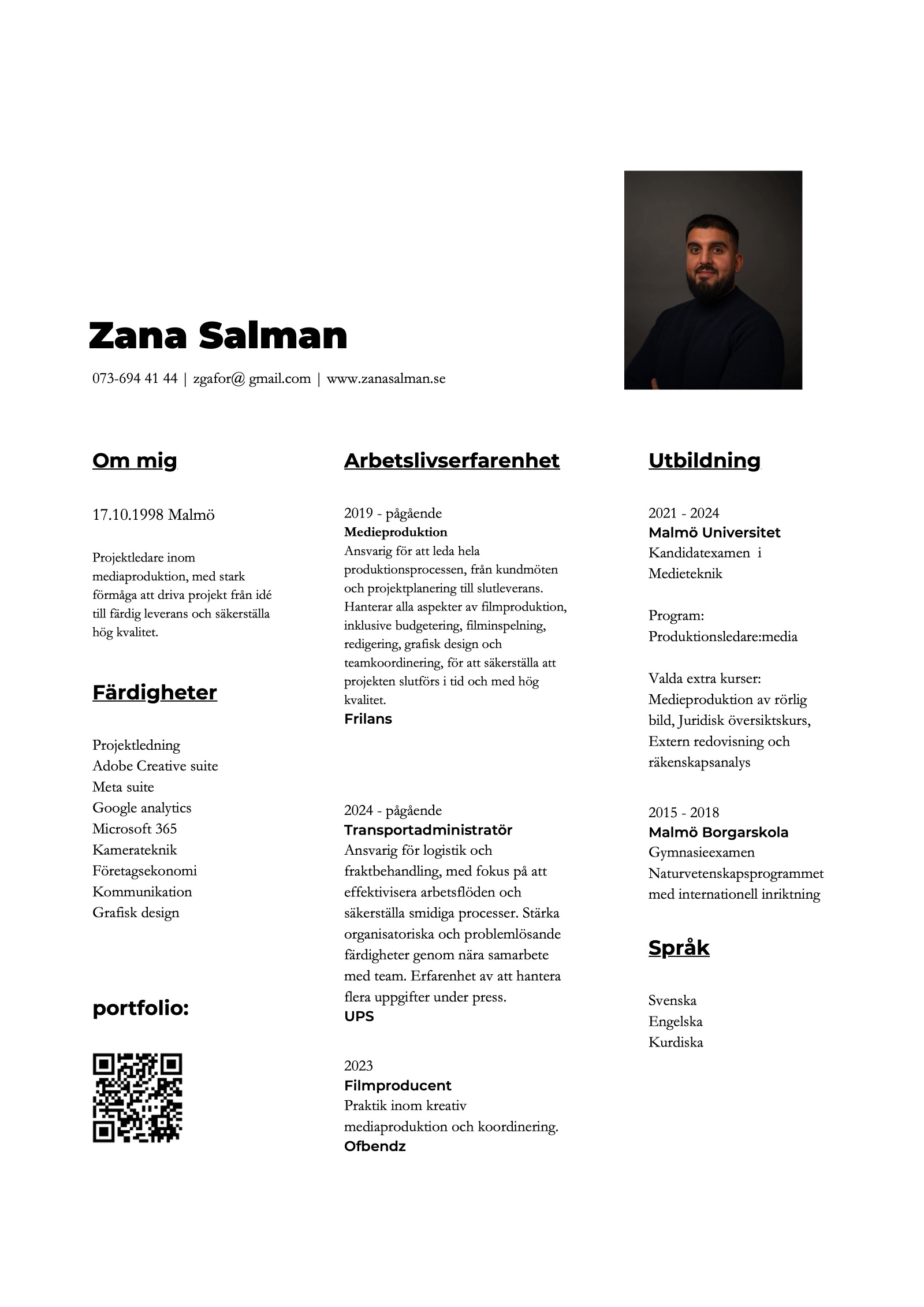 Zana Salmans CV som en sida med kontaktuppgifter, erfarenhet, utbildning och färdigheter